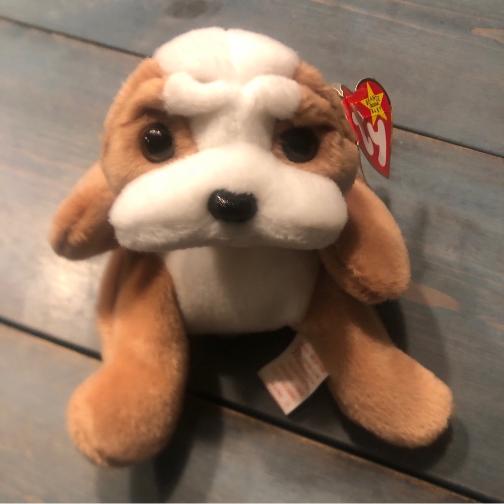 ty Wrinkles Beanie Babies - Brown and White Plush Dog Toy with Floppy Ears
